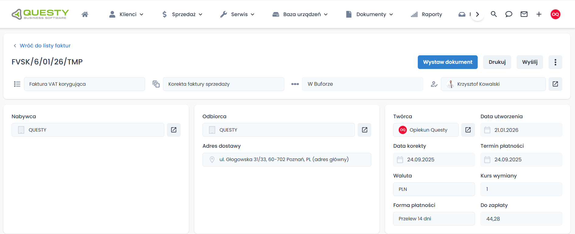 karta korekty faktury